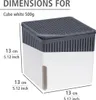 A diagram showing the dimensions of a white cube-shaped dehumidifier with a gray top. Anteprima dell’immagine prodotto