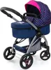 A doll stroller with a navy blue bassinet and canopy, decorated with pink hearts and a unicorn graphic. Produktbild-Vorschau