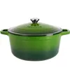 A green enameled cast iron Dutch oven with a lid, shown from the front against a white background. Produktbild-Vorschau