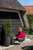 A woman is tending to plants in pots next to a rustic building with a thatched roof. Náhľad obrázku produktu