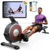 A man is using a rowing machine, with a tablet showing workout data and a smartphone displaying app information. Produktbild-Vorschau