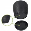 A black plastic plant pot with a separate saucer is shown against a white background. A magnified view of the pot's base is provided. Produktbild-Vorschau