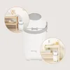 A collage showing a white diaper pail in different settings, one next to a changing table and another next to a sink. Produktbild-Vorschau