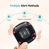 A hand holding a black restaurant pager with red lights, surrounded by graphics illustrating alert methods. Produktbild-Vorschau