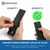 Two hands are shown demonstrating how to insert batteries into a remote control, with text indicating steps and readiness. Produktbild-Vorschau