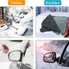 Schwarze Auto-Windschutzscheiben-Abdeckung in einem Vorher-Nachher-Vergleich gezeigt, die ein Auto vor Schnee schützt Anteprima dell’immagine prodotto