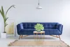 A living room scene with a blue sofa, a coffee table with a plant, a rug, and a framed artwork. Produktbild-Vorschau
