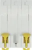 A close-up, front-facing view of a white electrical circuit breaker with yellow levers. Anteprima dell’immagine prodotto