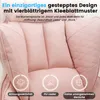 Close-up of a pink upholstered chair, highlighting its design and features with text overlays. Podgląd zdjęcia produktu