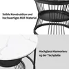 A split image showing two views of a round coffee table with a marble pattern. The top half shows the black metal frame and the text "Solide Konstruktion und hochwertiges MDF-Material". The bottom half shows the white marble tabletop and the text "Hochglan Produktbild-Vorschau