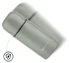 A close-up, angled view of a gray thermos bottle with a black band near the top. A green dotted line points to a small green dot on the bottle, and a circular icon with a water drop inside a shield is shown. Voir les images du produit