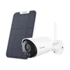 A white Reolink security camera and its solar panel are displayed against a white background. Produktbild-Vorschau