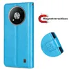 A blue flip case for a smartphone, shown from the back with the camera module visible. There are also inset images showing a magnetic closure and a detail of the embossed pattern. Produktbild-Vorschau