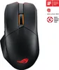 A black gaming mouse with red ROG logo and orange scroll wheel, shown on a white background with award badges. Produktbild-Vorschau