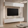 A modern living room with a wall-mounted entertainment unit featuring a TV, cabinets, and decorative elements. Produktbild-Vorschau