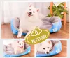 A collage of images showing a white dog in a blue and gray dog bed. Podgląd zdjęcia produktu