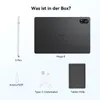 A marketing image showing the contents of a product box, including a tablet, stylus, charging cable, SIM ejector tool, and a case. Voir les images du produit