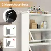 A white shelving unit with various items on its shelves, including bottles, jars, and paper bags. The image also includes diagrams illustrating how to use anti-tip safety sets. Produktbild-Vorschau