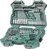 A green plastic toolbox filled with various metal tools, including sockets, wrenches, and screwdrivers. Produktbild-Vorschau