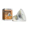A product shot of an LED light bulb and its packaging against a white background. Produktbild-Vorschau