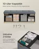 A storage bench with its interior compartments visible, and a close-up of storage baskets filled with folded clothes. Produktbild-Vorschau