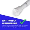 Close-up of the end of a white tension rod with a rubber grip, with marketing text and a checkmark on a blue background. Produktbild-Vorschau