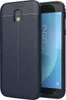 A close-up view of a dark blue phone case with a textured leather-like finish, partially covering a smartphone. Produktbild-Vorschau