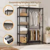 A black metal garment rack with shelves filled with clothes, bags, and storage boxes. Voir les images du produit