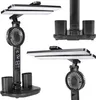 Collage of a black LED desk lamp with integrated fan, clock, and pen holders, shown from different angles. Náhľad obrázku produktu
