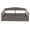A gray upholstered daybed with a slatted mattress base is shown from the front. Produktbild-Vorschau