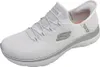 A white and silver Skechers women's sneaker is shown from a side angle against a white background. Voir les images du produit