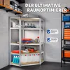 A storage shelf unit filled with various items, including tools, cleaning supplies, and containers, in a garage or workshop setting. Náhled obrázku produktu