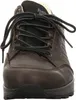 A close-up front view of a brown leather shoe with black laces. Produktbild-Vorschau