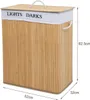 A bamboo laundry basket with a lid and two compartments, labeled 'LIGHTS' and 'DARKS'. Dimensions are indicated. Produktbild-Vorschau