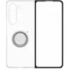 A clear phone case with a circular accessory attached, next to a blank screen. Produktbild-Vorschau