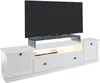 A white media console with a television on a glass stand. Produktbild-Vorschau