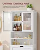 A white bathroom cabinet filled with various bottles and containers, possibly toiletries or cleaning supplies. The cabinet has glass doors with a ribbed texture. Produktbild-Vorschau