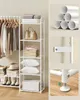 A white shelving unit with clothes, bags, and folded items, along with detail shots of its components. Produktbild-Vorschau