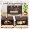 A collage of images showing a multi-functional cat cabinet with different compartments and features. Podgląd zdjęcia produktu