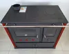 A wood-burning stove with a black top and front, red side panels, and a silver handle across the front. Produktbild-Vorschau