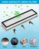A diagram showing a HEPA filter with arrows indicating airflow and illustrations of dust, mites, dirt, and allergens. Produktbild-Vorschau