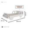 A white children's bed shaped like a jeep, with dimensions and mattress size indicated. Podgląd zdjęcia produktu