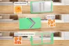 A collage of images showing different attachments and sliced vegetables for a food processor. Anteprima dell’immagine prodotto