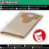 A vacuum cleaner dust bag is shown on a white background with a green header and text overlays. Produktbild-Vorschau
