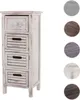 A white, distressed-look chest of drawers with four drawers, displayed against a white background. To the right are circular swatches of different wood finishes. Podgląd zdjęcia produktu