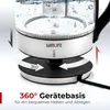 A close-up of a glass electric kettle on its base, with arrows indicating 360-degree rotation and text describing its features. Produktbild-Vorschau