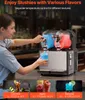 A woman is using a slushy machine in a bar or restaurant setting, with examples of drinks shown below. Produktbild-Vorschau