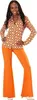 A woman wearing a 70s-style outfit, including a patterned blouse and flared orange pants, posing against a white background. Produktbild-Vorschau