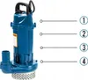 A blue submersible pump with a handle and a hose attachment, shown against a white background with numbered labels pointing to different parts of the pump. Podgląd zdjęcia produktu