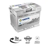 A VARTA Silver Dynamic AGM car battery is shown from a slightly elevated, diagonal angle. Below the battery are three marketing icons: one showing a circular arrow with '3x CYCLE LIFE', another with 'START STOP PLUS READY' and a circular arrow, and a third Produktbild-Vorschau